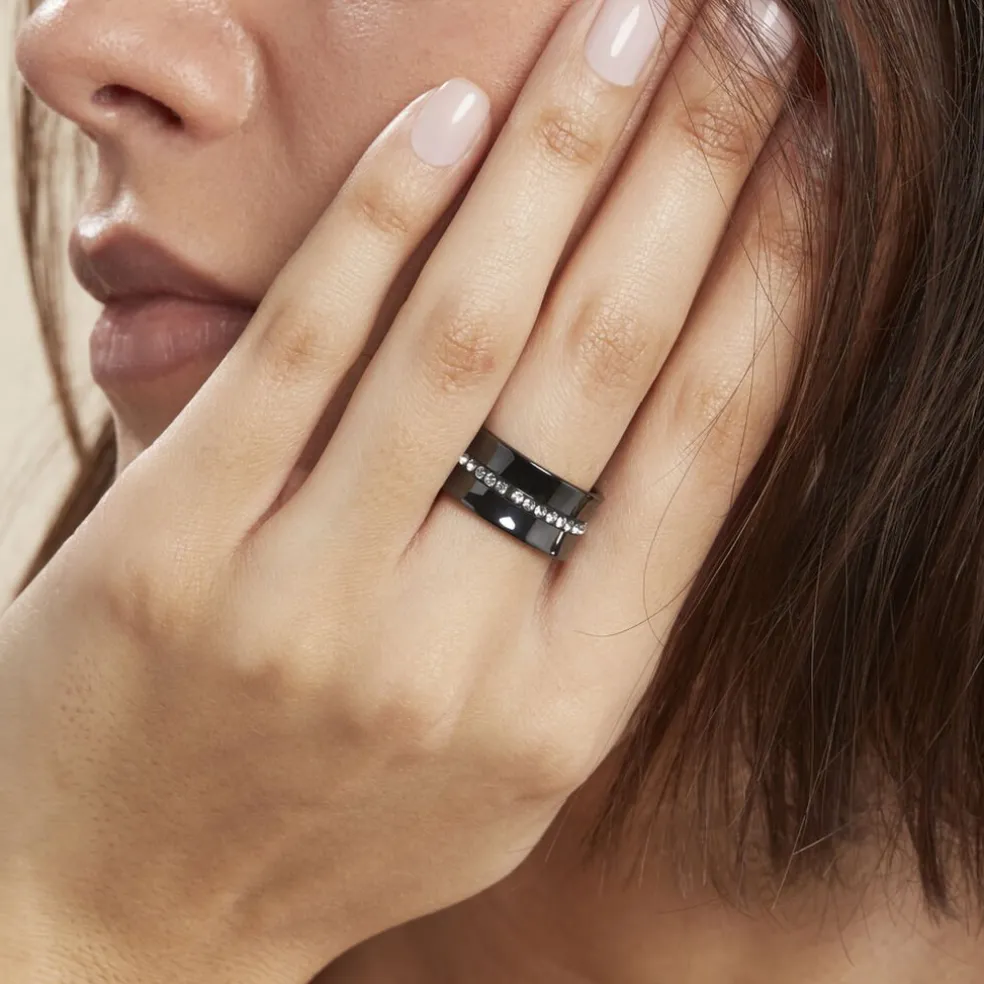 Bague Ceramik Design Argent Blanc Céramique Et Strass