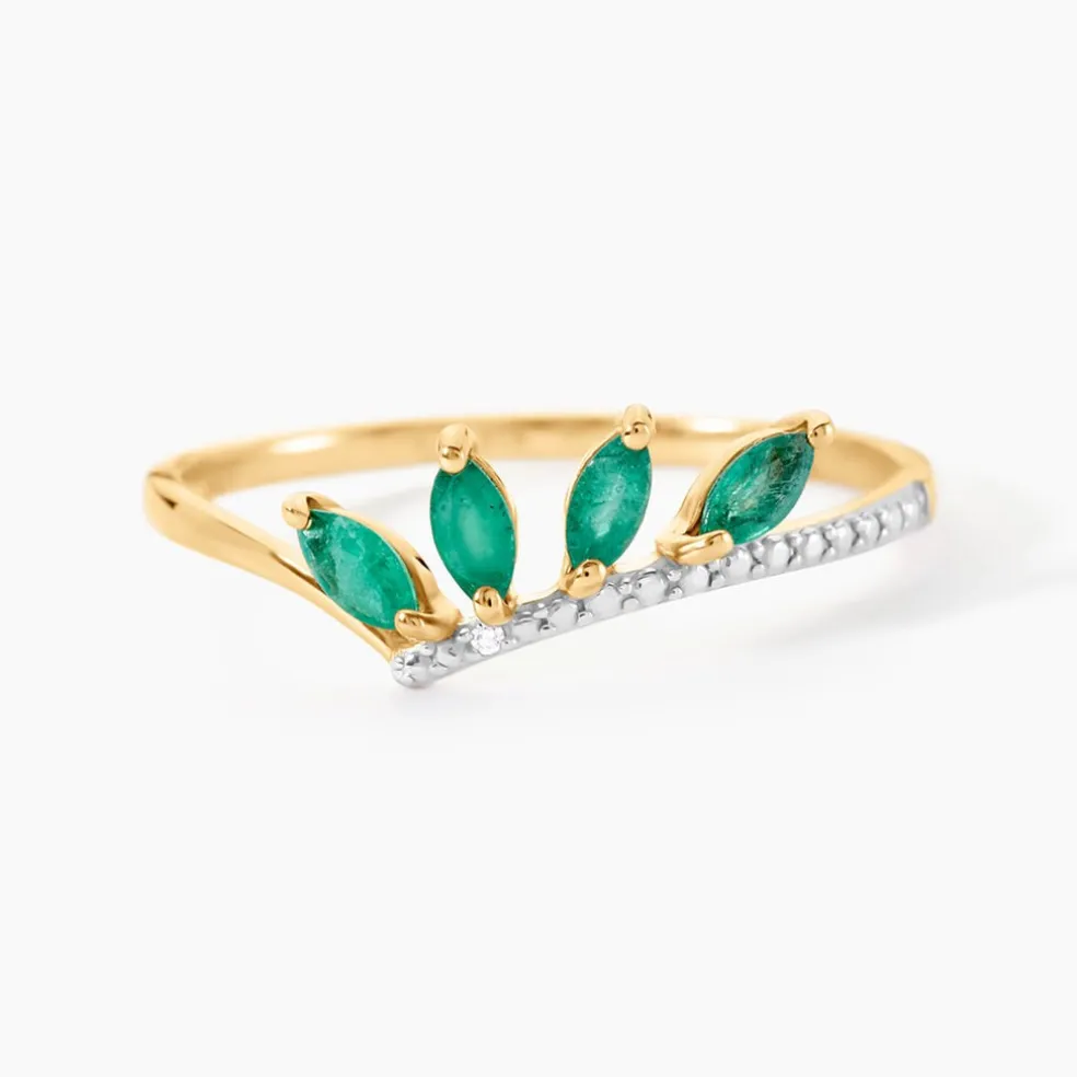 Bague Navette Or Jaune Emeraude Diamant