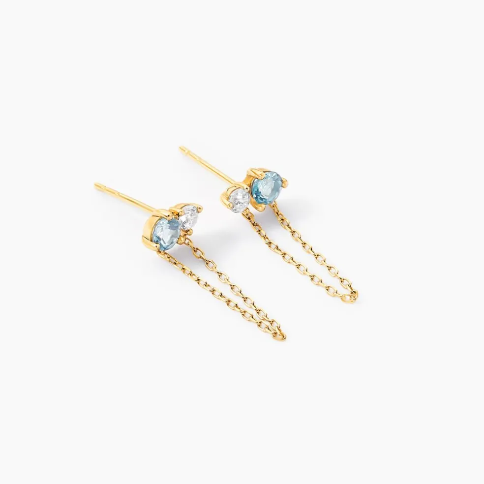 Boucles D'oreilles Pendantes Beauté Bleutée Or Jaune Topaze Et Oxyde