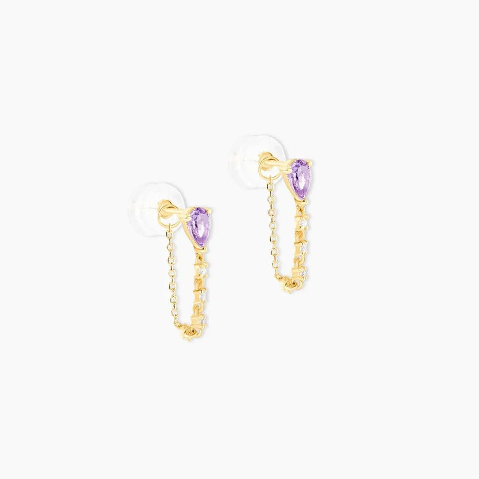 Boucles D'Oreilles Pendantes Jardin Secret Or Jaune Améthyste Oxyde De Zirconium