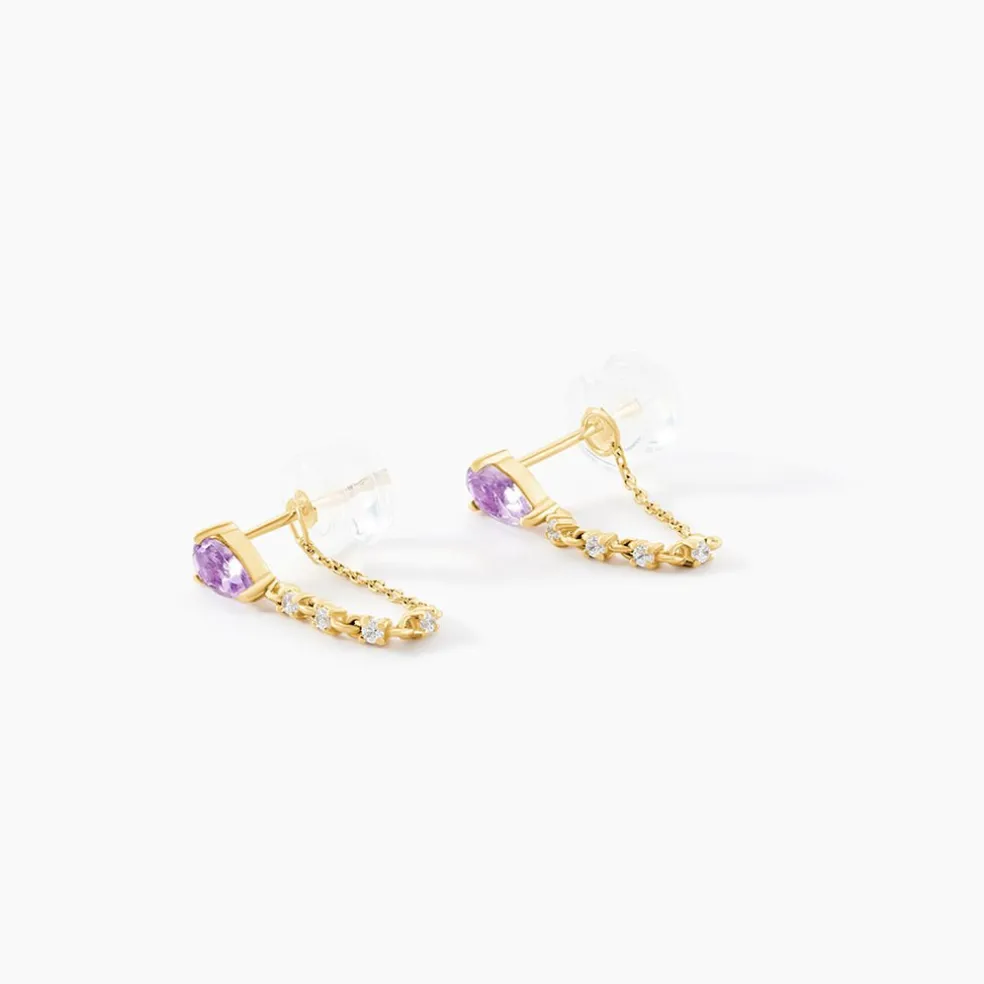 Boucles D'Oreilles Pendantes Jardin Secret Or Jaune Améthyste Oxyde De Zirconium