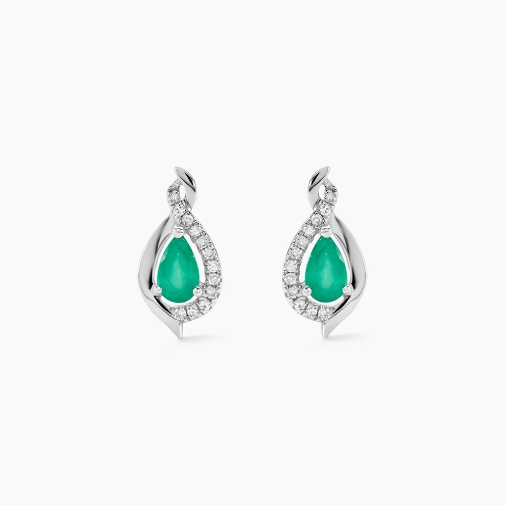 Boucles D'oreilles Puces Angelika Or Blanc Emeraude Et Diamant