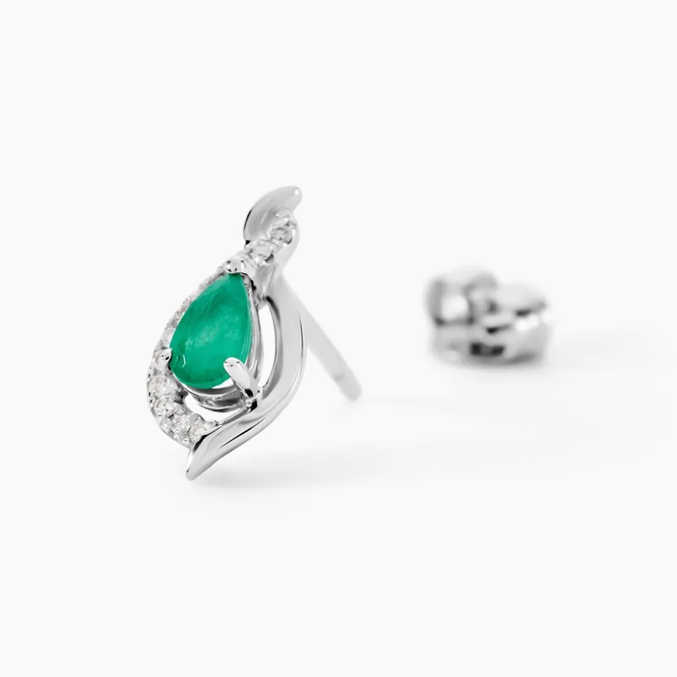 Boucles D'oreilles Puces Angelika Or Blanc Emeraude Et Diamant