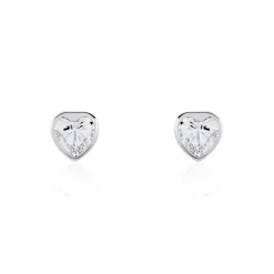 Boucles D'oreilles Puces Coeur Serti Clos Or Blanc Oxyde De Zirconium
