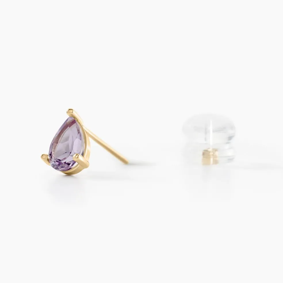 Boucles D'oreilles Puces Goutte Or Jaune Améthyste