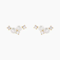 Boucles D'Oreilles Puces Katri Or Jaune Perle De Culture Oxyde De Zirconium