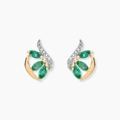 Boucles D'oreilles Puces Or Bicolore Petale Emeraude Diamant