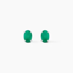 Boucles D'oreilles Puces Ovale Or Blanc Emeraude