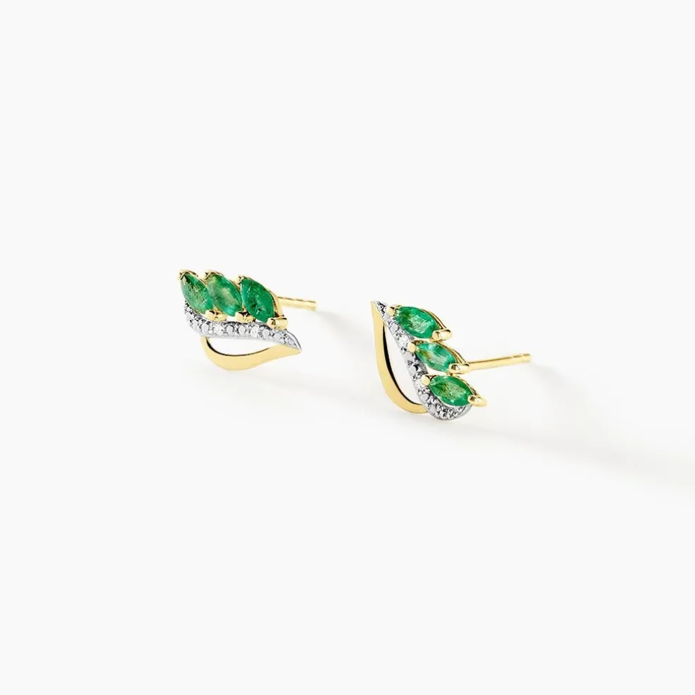 Boucles D'oreilles Puces Or Jaune Sheelagh Emeraudes Diamants