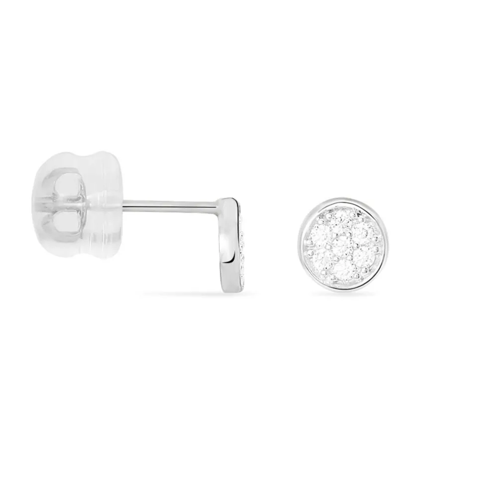 Boucles D'oreilles Puces Pastille Serti Clos Or Blanc Oxyde