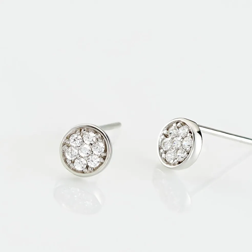 Boucles D'oreilles Puces Pastille Serti Clos Or Blanc Oxyde