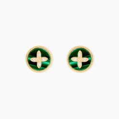 Boucles D'Oreilles Puces Talisman Or Jaune Malachite Diamant