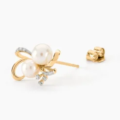 Boucles D'oreilles Puces Wandula Or Jaune Perle De Culture Et Diamant