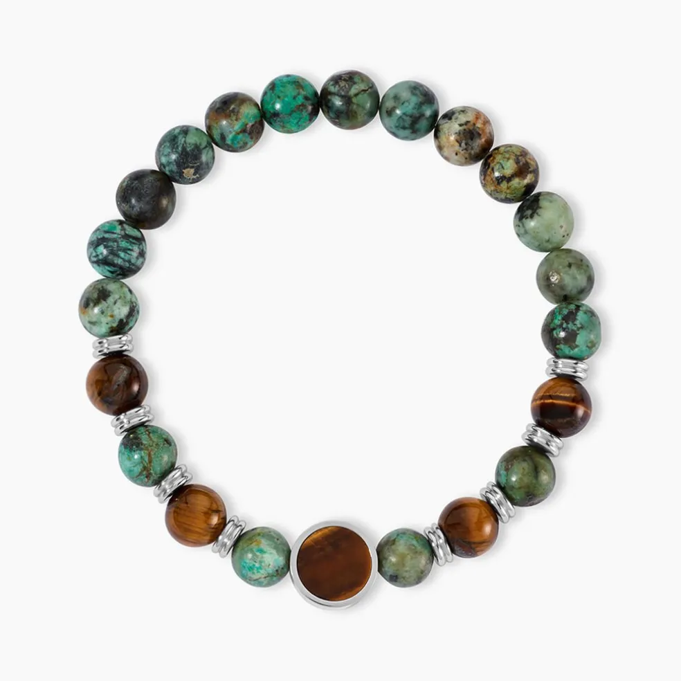Bracelet Jourdan Archimedes Acier Argenté Oeil De Tigre Turquoise