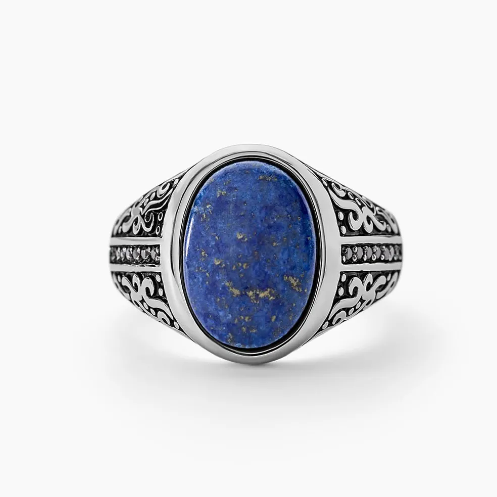 Chevalière Keegan Acier Blanc Lapis Lazuli Oxyde De Zirconium
